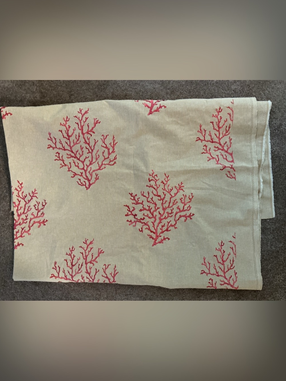 Regal Embroidered Yard of Coral Fabric with Ticking
